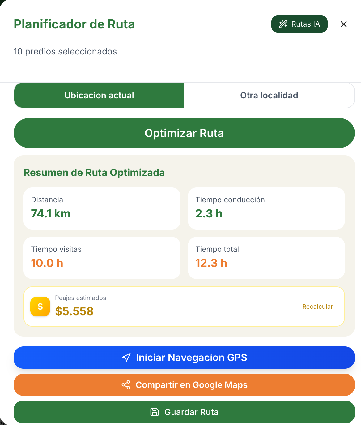 Planificador de ruta real con distancia, tiempo de conducción y peajes estimados para 10 predios